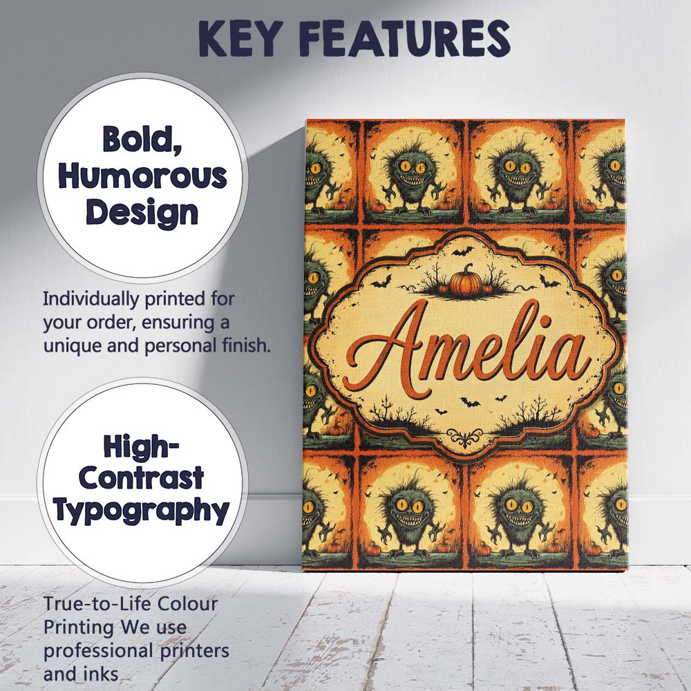 Personalised Name Cute Spooky Monster Custom Modern Room Accent Creative Decorator Style Canvas Wall Art Print Decor Picture Ready to Hang