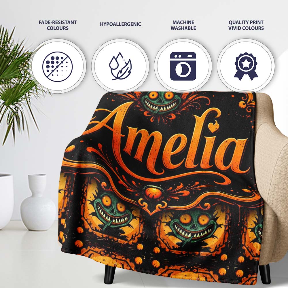 Grinning Monster Halloween Pumpkin Scene Seamless Pattern Creepy Personalised Custom Name Super Soft Fleece Blanket Bed Sofa Throw