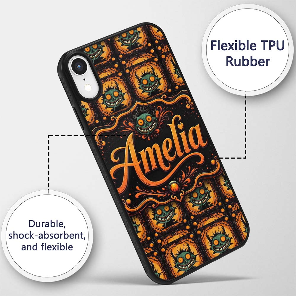 Grinning Monster Halloween Pumpkin Scene Seamless Custom Name Protective Phone Case Mobile Cover Durable Everyday Smartphone Shock Resistant