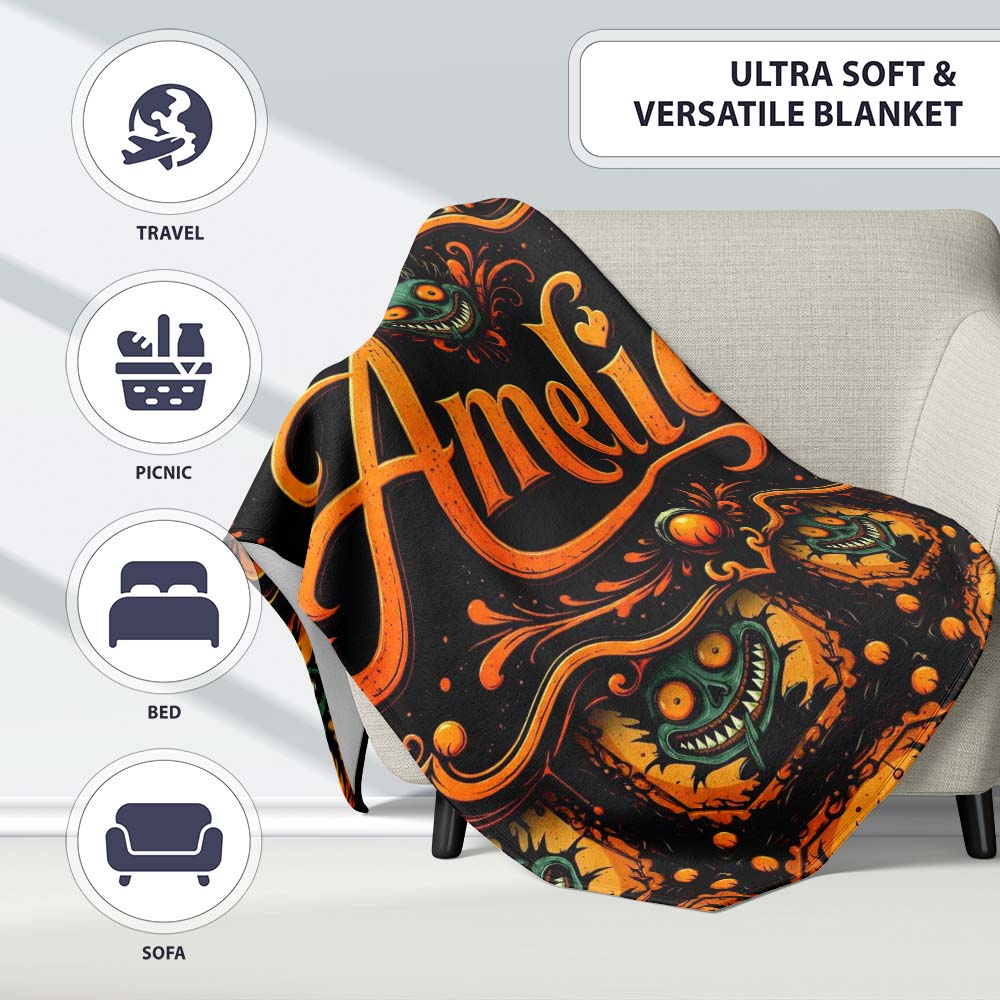 Grinning Monster Halloween Pumpkin Scene Seamless Pattern Creepy Personalised Custom Name Super Soft Fleece Blanket Bed Sofa Throw