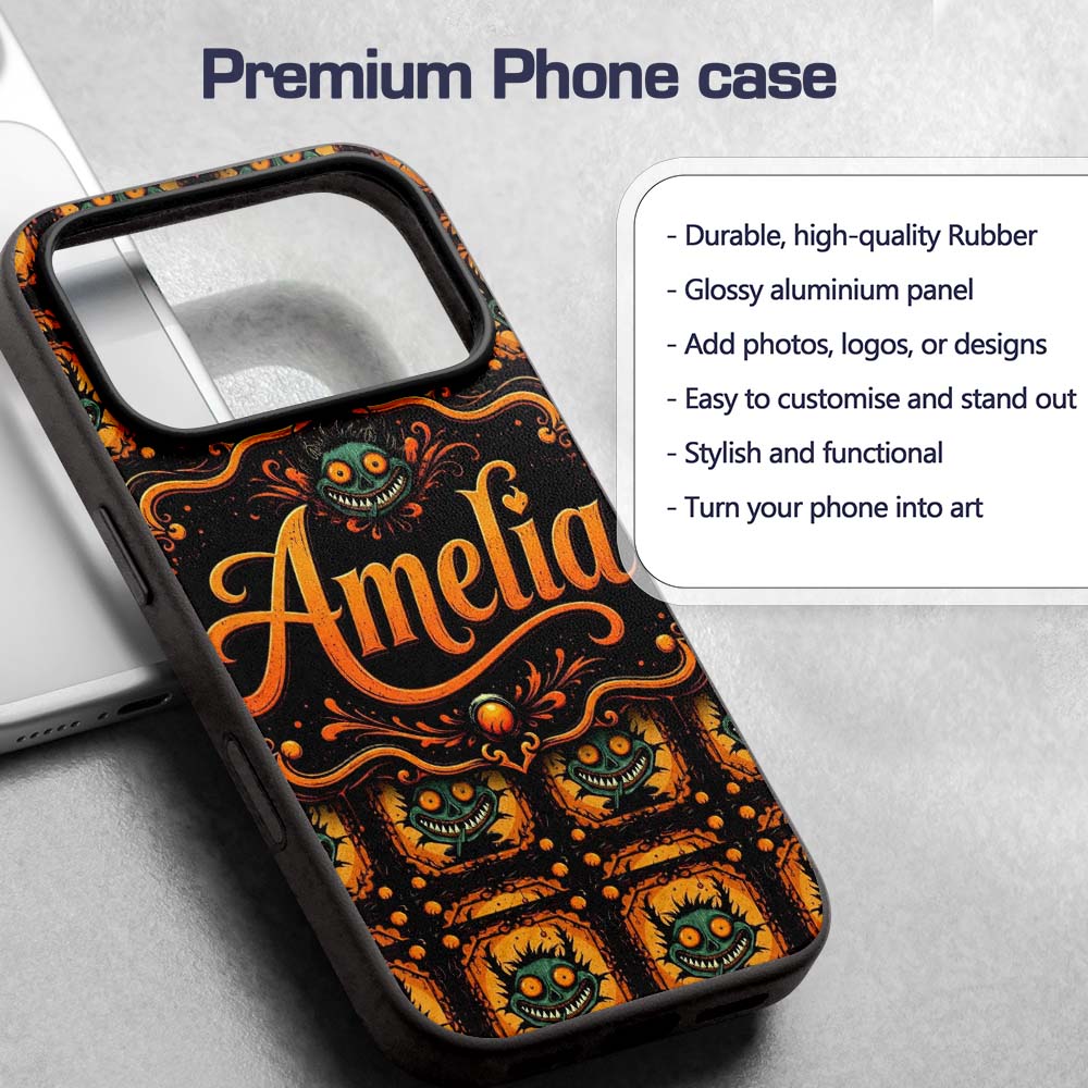 Grinning Monster Halloween Pumpkin Scene Seamless Custom Name Protective Phone Case Mobile Cover Durable Everyday Smartphone Shock Resistant