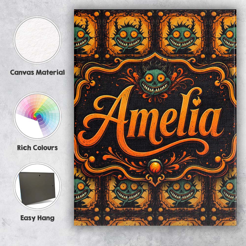 Personalised Name Grinning Monster Halloween Custom Bespoke Contemporary Display Canvas Wall Art Print Decor Picture Ready to Hang