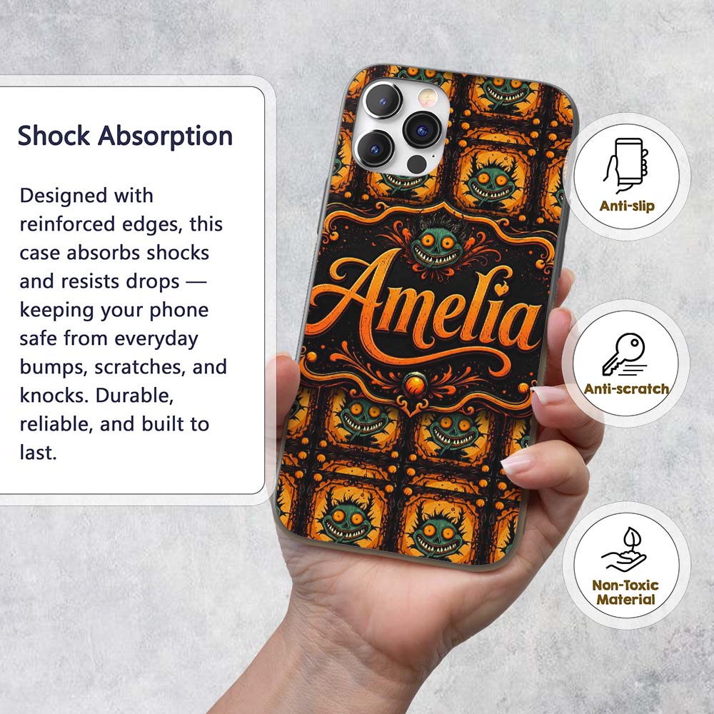 Grinning Monster Halloween Pumpkin Scene Seamless Custom Name Protective Phone Case Mobile Cover Durable Everyday Smartphone Shock Resistant
