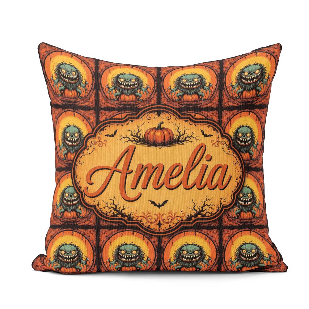 Custom Name Cartoon Monster Frame Halloween Seamless Pattern Fun Square Filled Cushion Throw Pillow Sofa Bed Home Decor Zip Washable UK Made