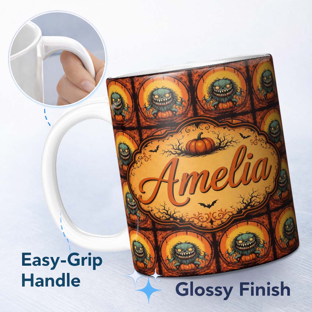 Personalized Custom Name Cartoon Monster Frame Halloween Seamless Pattern Spooky Fun 11oz Ceramic Coffee Tea Mug White Large Handle