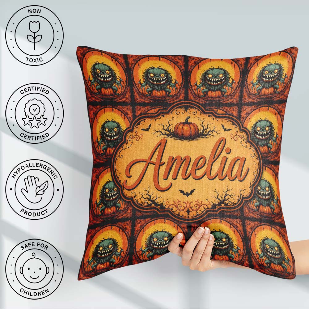 Custom Name Cartoon Monster Frame Halloween Seamless Pattern Fun Square Filled Cushion Throw Pillow Sofa Bed Home Decor Zip Washable UK Made