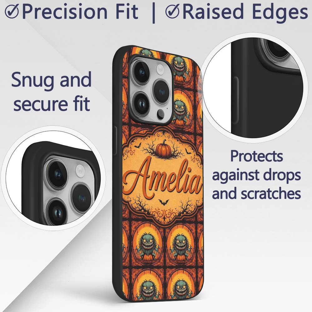 Cartoon Monster Frame Halloween Seamless Pattern Custom Name Protective Phone Case Mobile Cover Durable Everyday Smartphone Shock Resistant