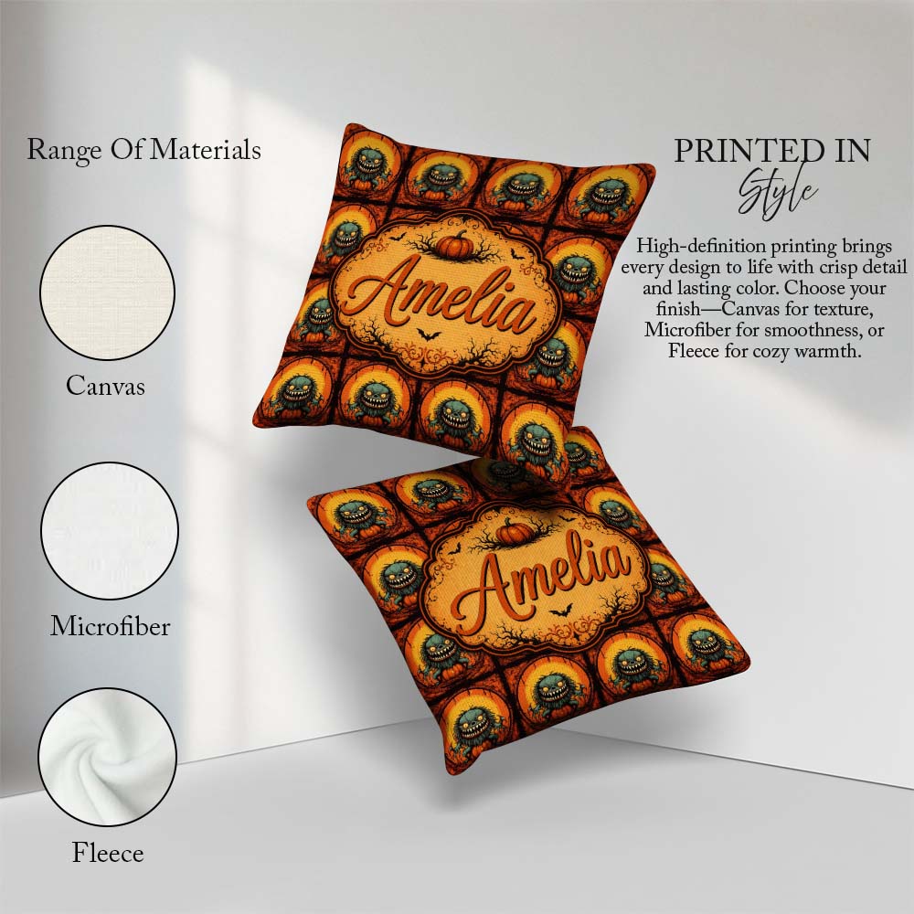 Custom Name Cartoon Monster Frame Halloween Seamless Pattern Fun Square Filled Cushion Throw Pillow Sofa Bed Home Decor Zip Washable UK Made