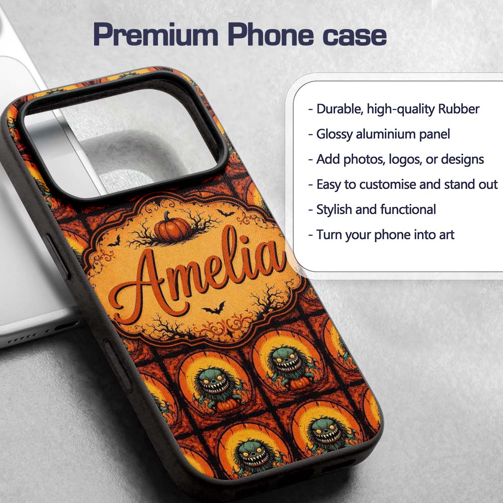 Cartoon Monster Frame Halloween Seamless Pattern Custom Name Protective Phone Case Mobile Cover Durable Everyday Smartphone Shock Resistant