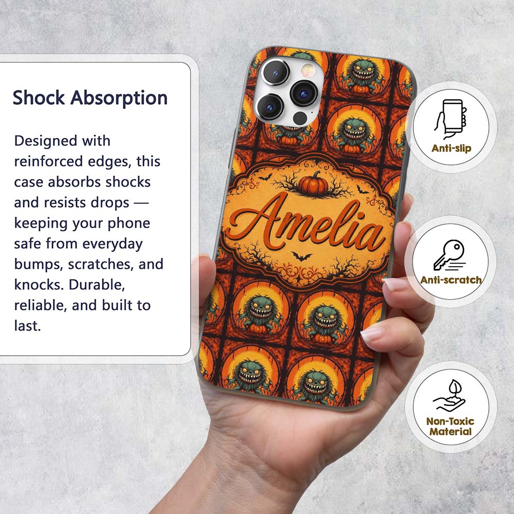 Cartoon Monster Frame Halloween Seamless Pattern Custom Name Protective Phone Case Mobile Cover Durable Everyday Smartphone Shock Resistant