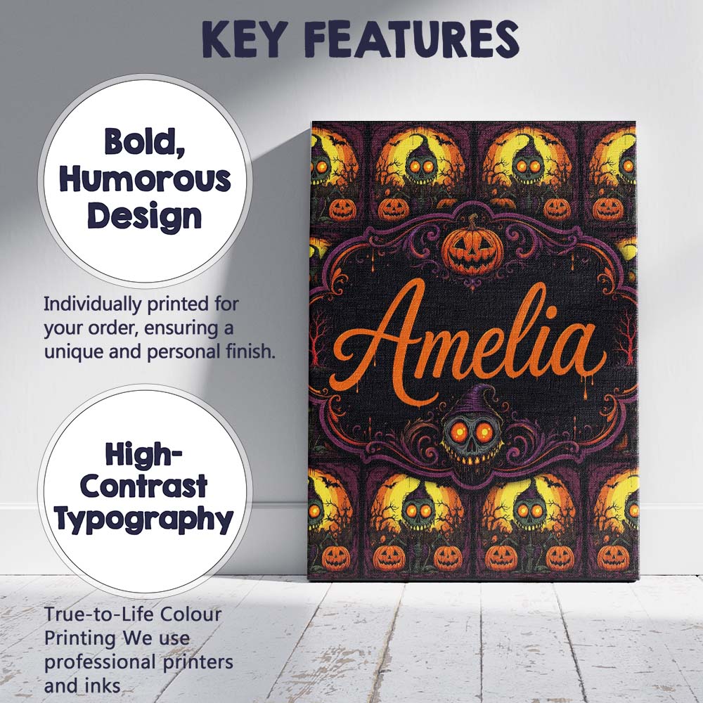Personalised Name Skeleton Pumpkin Halloween Custom Bespoke Contemporary Display Canvas Wall Art Print Decor Picture Ready to Hang