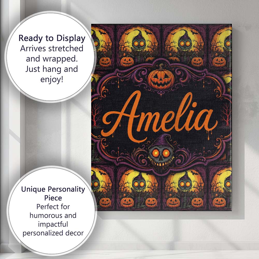 Personalised Name Skeleton Pumpkin Halloween Custom Bespoke Contemporary Display Canvas Wall Art Print Decor Picture Ready to Hang