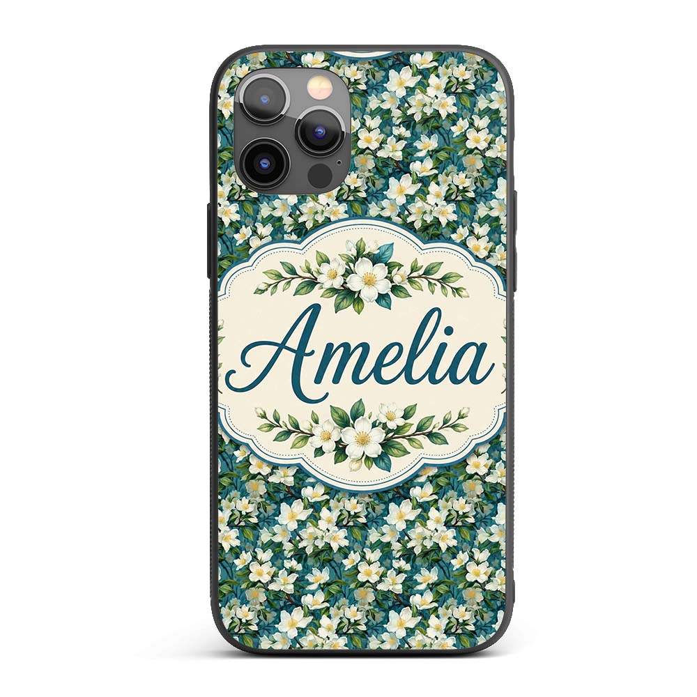 White Blossom Floral Branches on Teal Background Custom Name Protective Phone Case Mobile Cover Durable Everyday Smartphone Shock Resistant