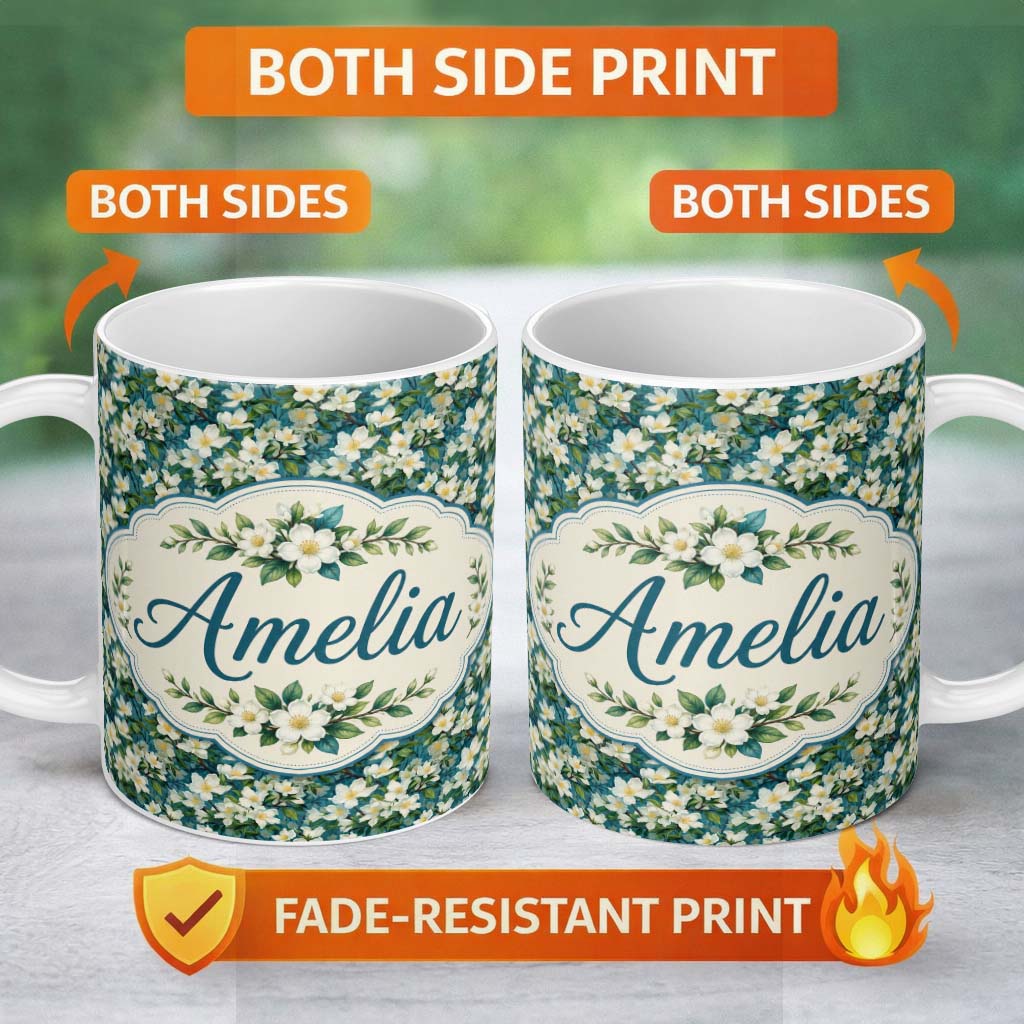 Personalized Custom Name White Blossom Floral Branches on Teal Background Seamless Pattern 11oz Ceramic Coffee Tea Mug White Large Handle