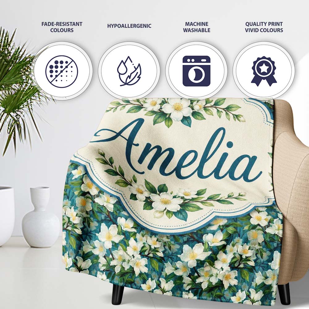 White Blossom Floral Branches on Teal Background Seamless Pattern Personalised Custom Name Super Soft Fleece Blanket Bed Sofa Throw