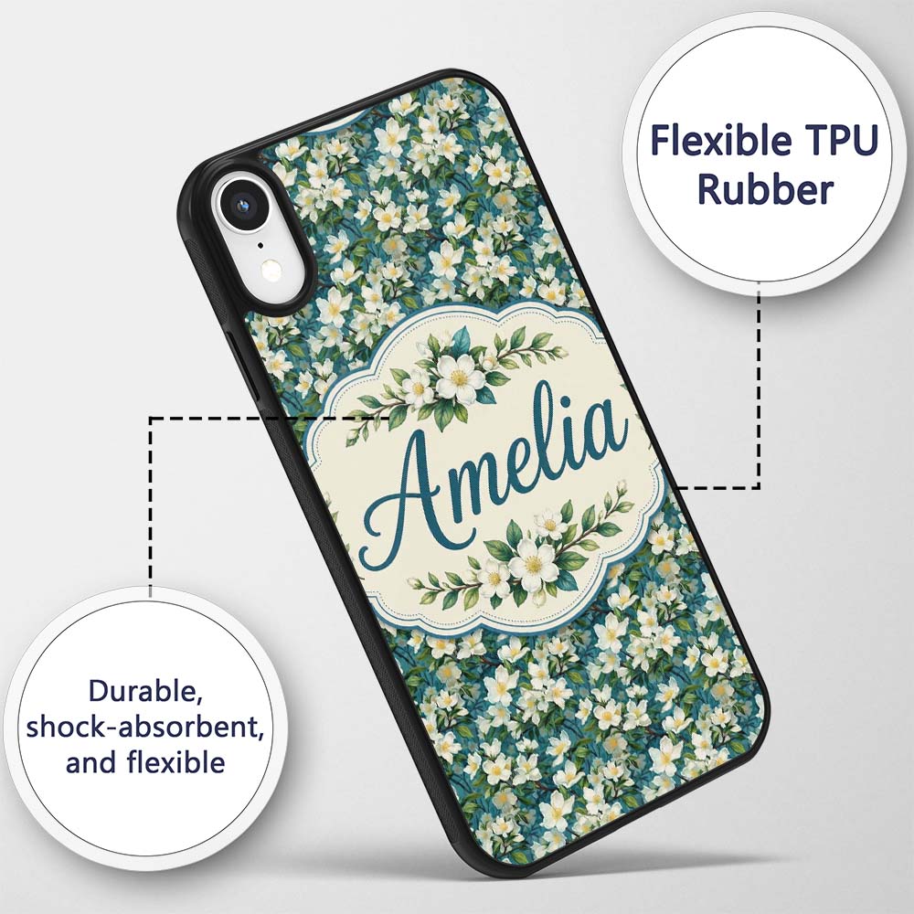 White Blossom Floral Branches on Teal Background Custom Name Protective Phone Case Mobile Cover Durable Everyday Smartphone Shock Resistant
