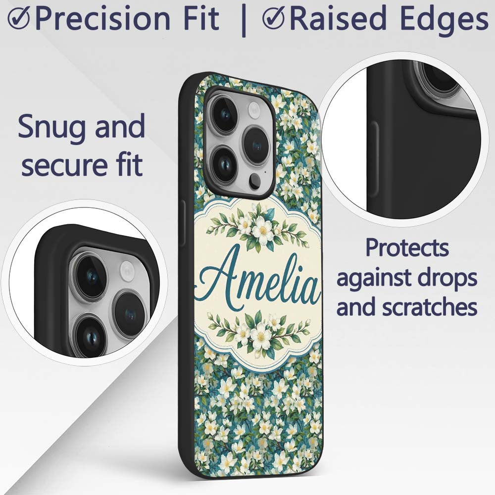 White Blossom Floral Branches on Teal Background Custom Name Protective Phone Case Mobile Cover Durable Everyday Smartphone Shock Resistant