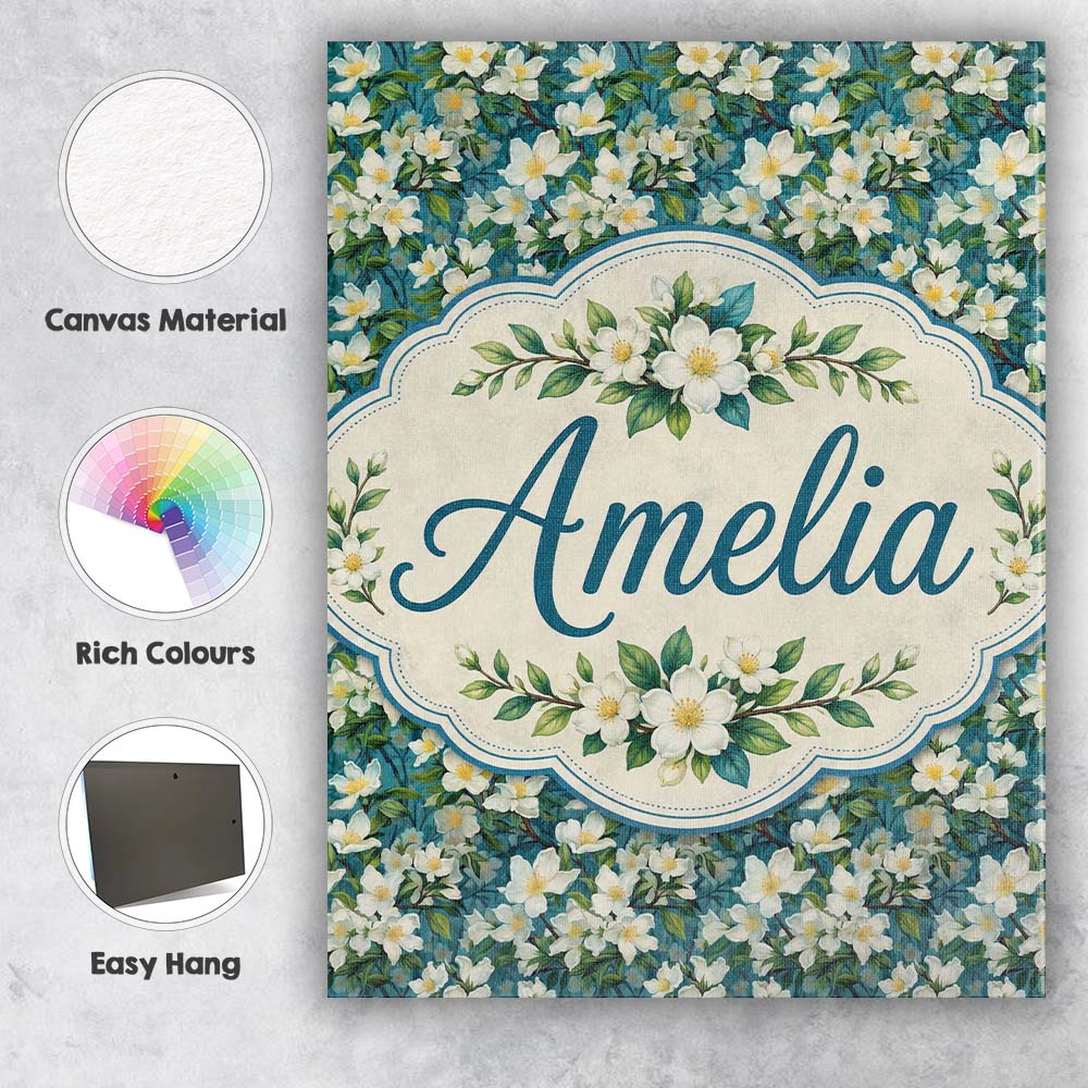 Personalised Name White Blossom Floral Custom Modern Room Accent Elegant Feature Canvas Wall Art Print Decor Picture Ready to Hang