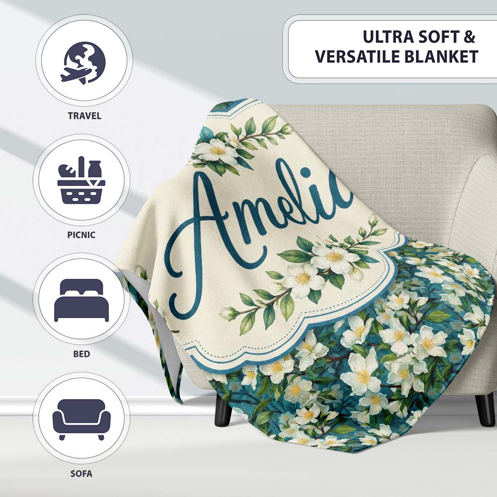 White Blossom Floral Branches on Teal Background Seamless Pattern Personalised Custom Name Super Soft Fleece Blanket Bed Sofa Throw