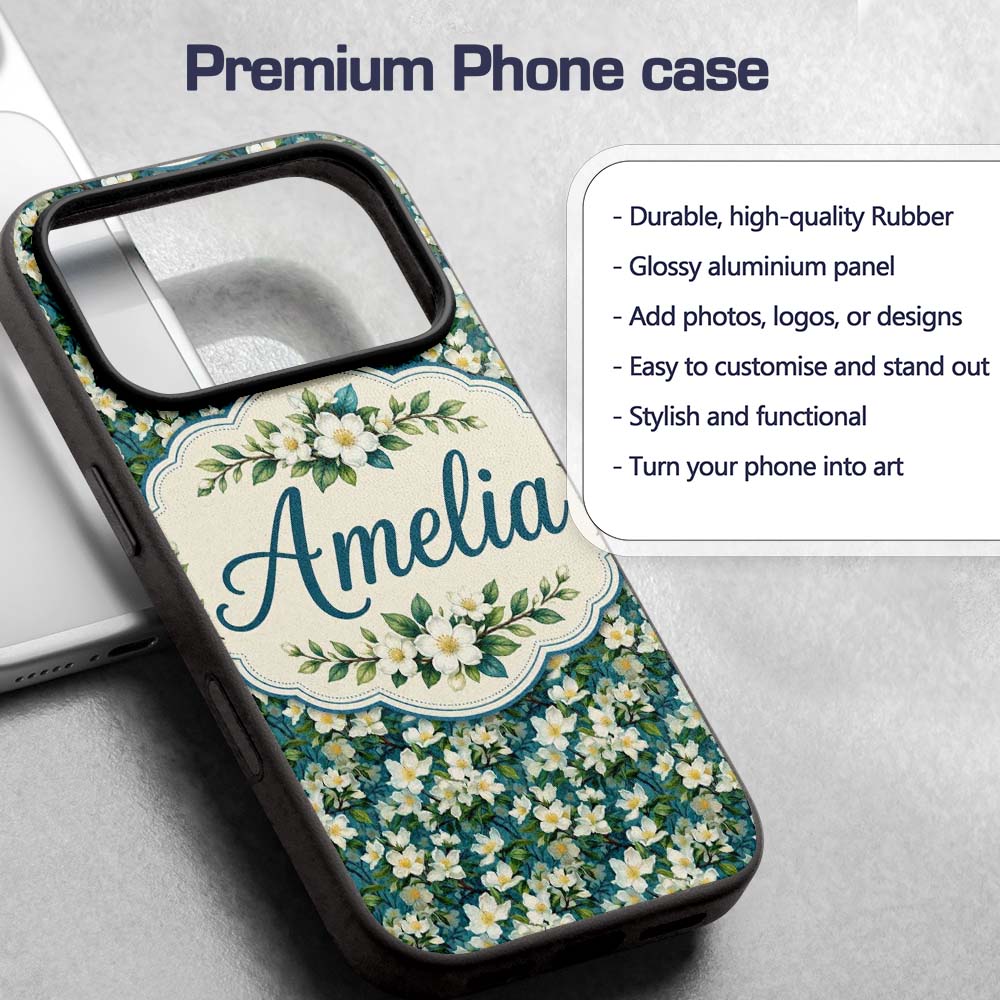 White Blossom Floral Branches on Teal Background Custom Name Protective Phone Case Mobile Cover Durable Everyday Smartphone Shock Resistant