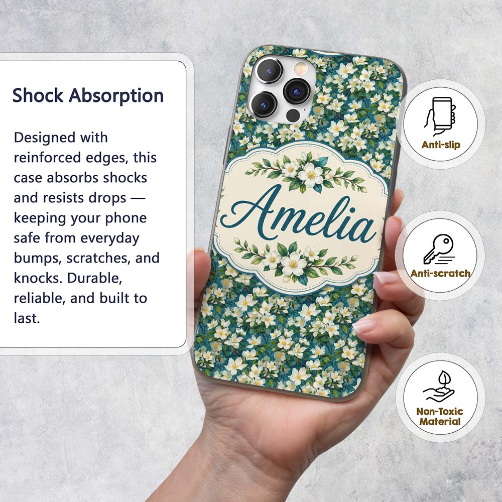 White Blossom Floral Branches on Teal Background Custom Name Protective Phone Case Mobile Cover Durable Everyday Smartphone Shock Resistant