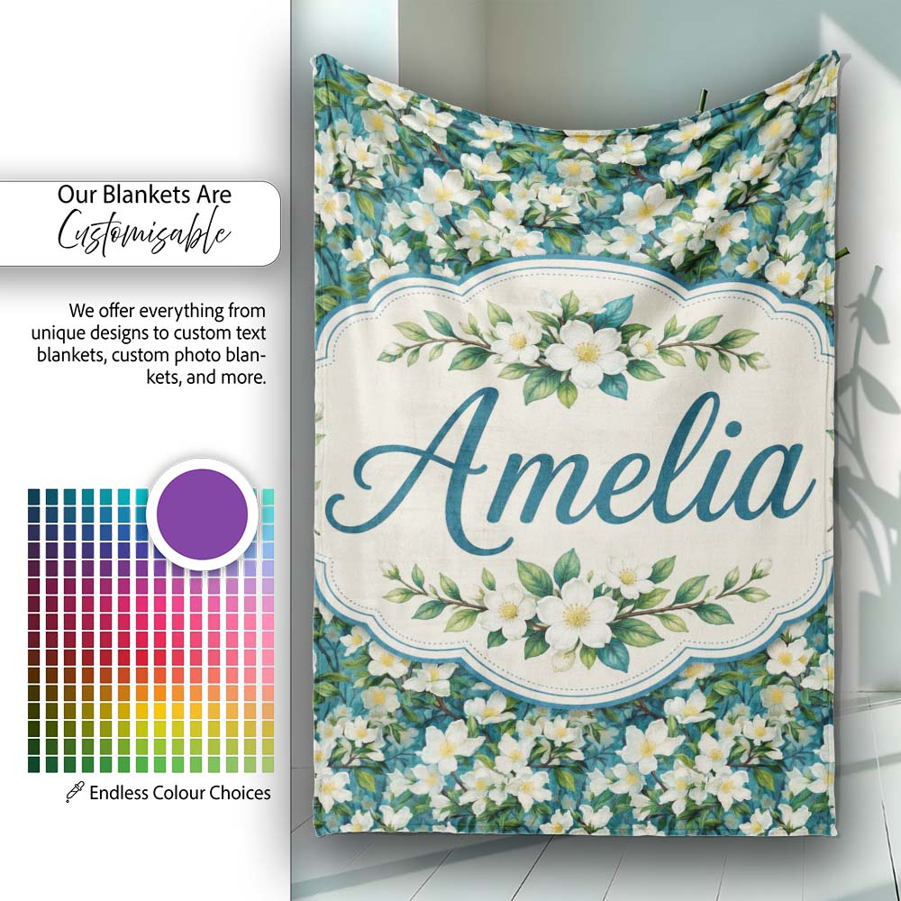 White Blossom Floral Branches on Teal Background Seamless Pattern Personalised Custom Name Super Soft Fleece Blanket Bed Sofa Throw