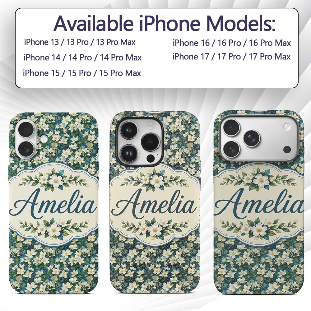 White Blossom Floral Branches on Teal Background Custom Name Protective Phone Case Mobile Cover Durable Everyday Smartphone Shock Resistant