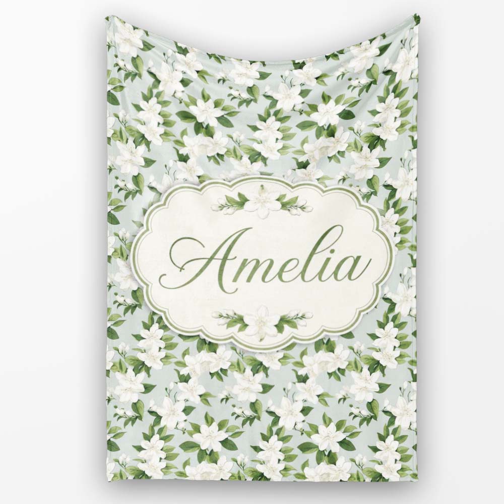 White Jasmine Flowers on Sage Green Seamless Pattern Delicate Personalised Custom Name Super Soft Fleece Blanket Bed Sofa Throw