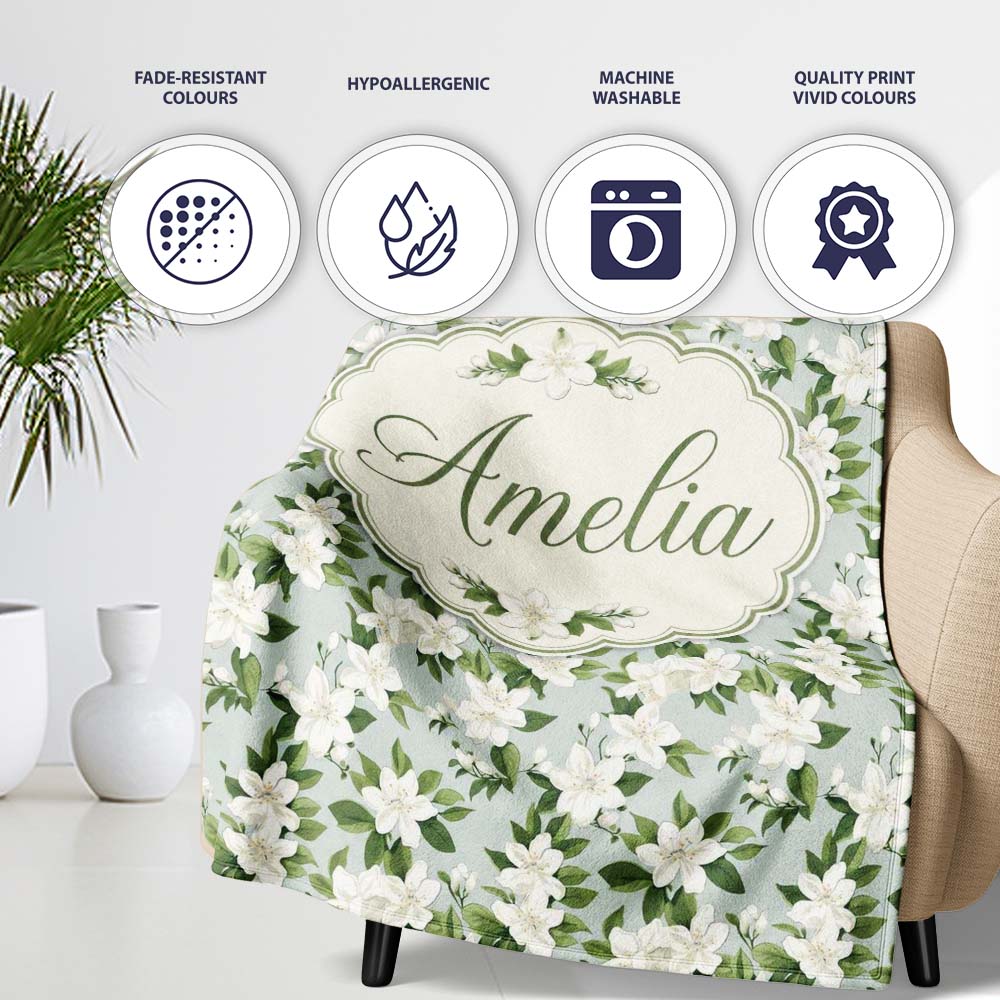 White Jasmine Flowers on Sage Green Seamless Pattern Delicate Personalised Custom Name Super Soft Fleece Blanket Bed Sofa Throw