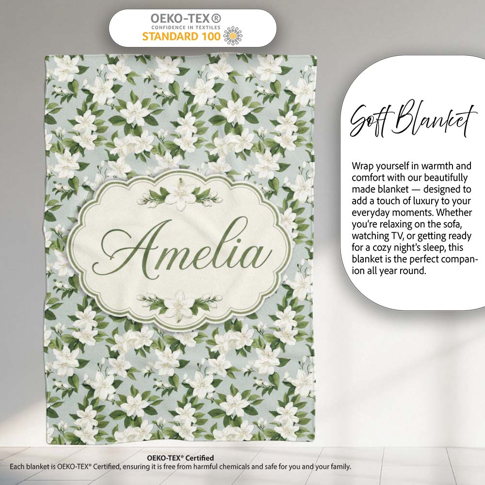 White Jasmine Flowers on Sage Green Seamless Pattern Delicate Personalised Custom Name Super Soft Fleece Blanket Bed Sofa Throw