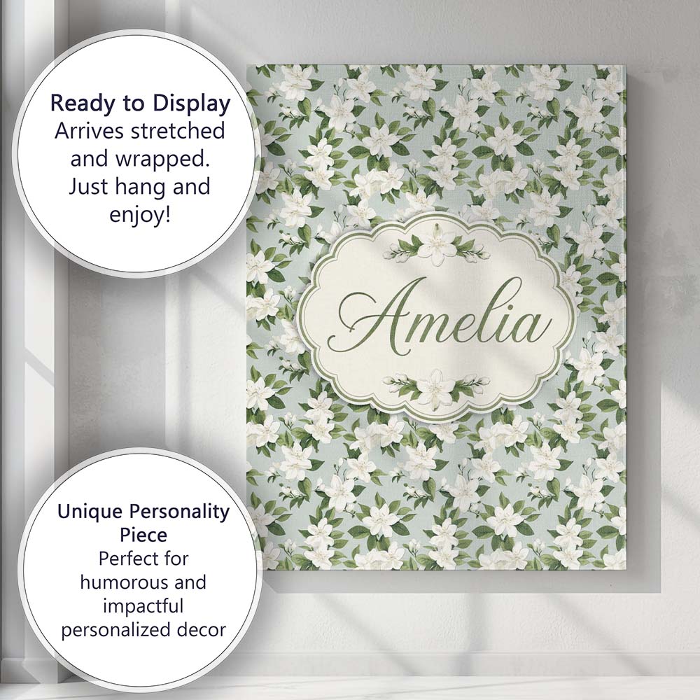 Personalised Name White Jasmine Flowers on Custom Unique Gift Idea Elegant Feature Canvas Wall Art Print Decor Picture Ready to Hang