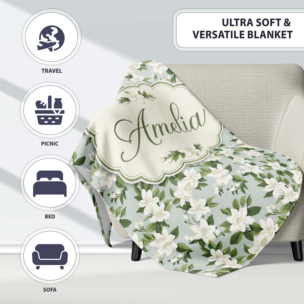 White Jasmine Flowers on Sage Green Seamless Pattern Delicate Personalised Custom Name Super Soft Fleece Blanket Bed Sofa Throw