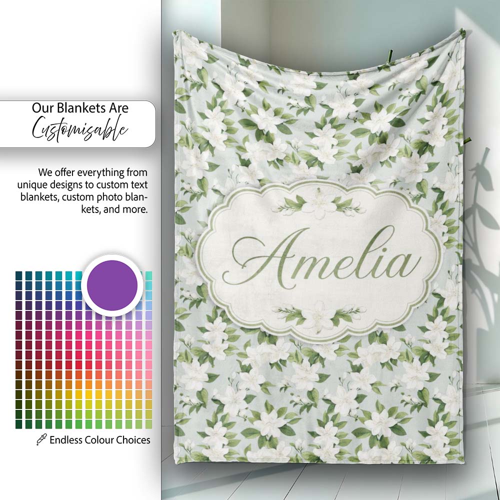 White Jasmine Flowers on Sage Green Seamless Pattern Delicate Personalised Custom Name Super Soft Fleece Blanket Bed Sofa Throw