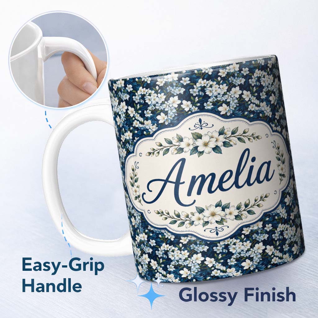 Personalized Custom Name White Floral Bloom on Deep Navy Background Seamless Pattern 11oz Ceramic Coffee Tea Mug White Large Handle