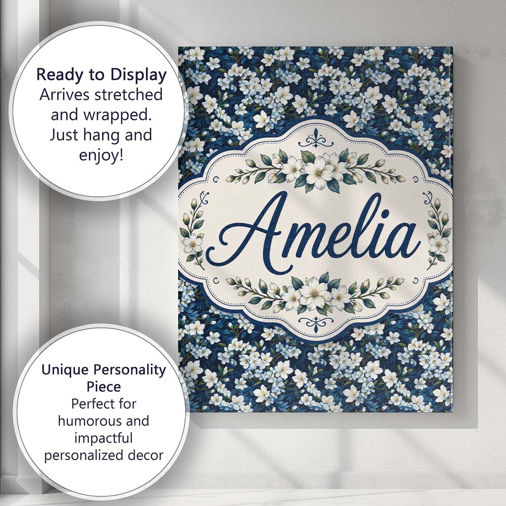 Personalised Name White Floral Bloom on Custom Modern Room Accent Elegant Feature Canvas Wall Art Print Decor Picture Ready to Hang