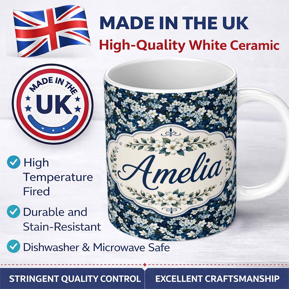 Personalized Custom Name White Floral Bloom on Deep Navy Background Seamless Pattern 11oz Ceramic Coffee Tea Mug White Large Handle