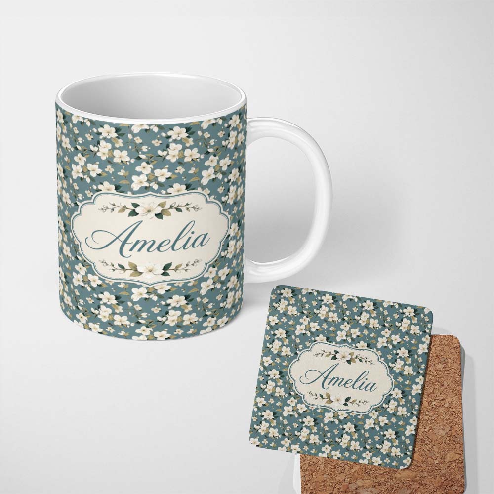 Personalized Custom Name White Flower Branches on Dusty Blue Seamless Pattern Classic 11oz Ceramic Coffee Tea Mug White Large Handle