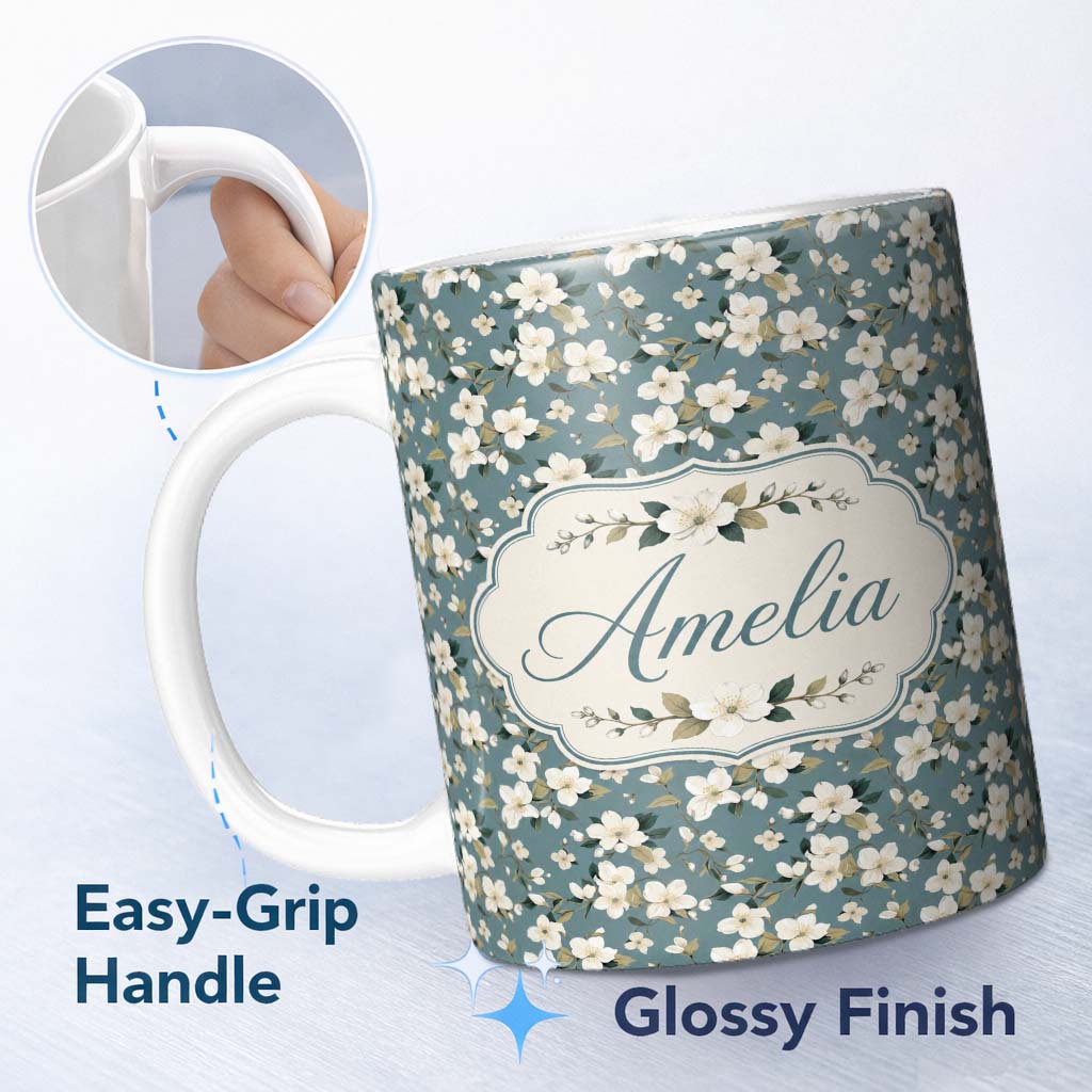 Personalized Custom Name White Flower Branches on Dusty Blue Seamless Pattern Classic 11oz Ceramic Coffee Tea Mug White Large Handle