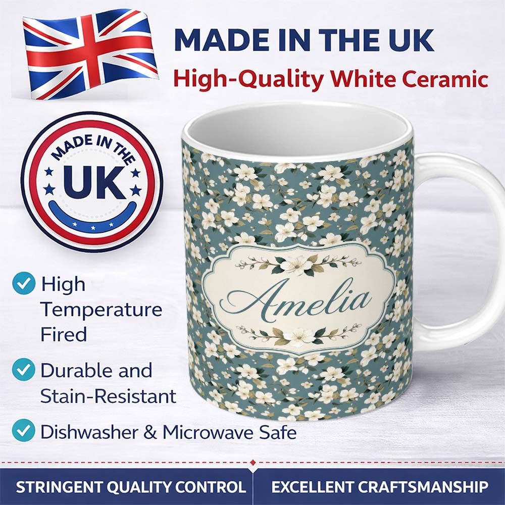 Personalized Custom Name White Flower Branches on Dusty Blue Seamless Pattern Classic 11oz Ceramic Coffee Tea Mug White Large Handle