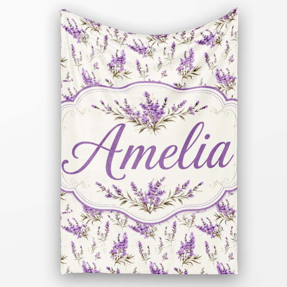 Purple Wildflowers on Cream Background Seamless Pattern Soft Personalised Custom Name Super Soft Fleece Blanket Bed Sofa Throw
