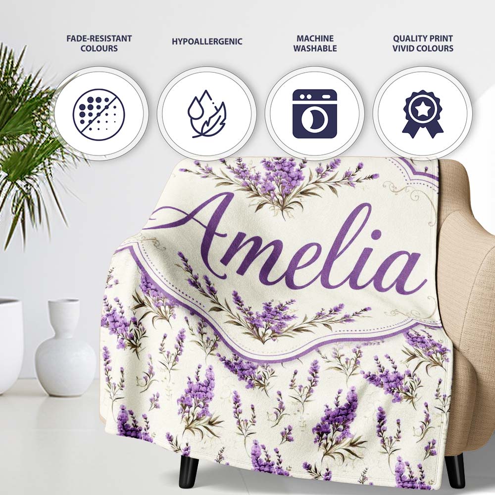Purple Wildflowers on Cream Background Seamless Pattern Soft Personalised Custom Name Super Soft Fleece Blanket Bed Sofa Throw