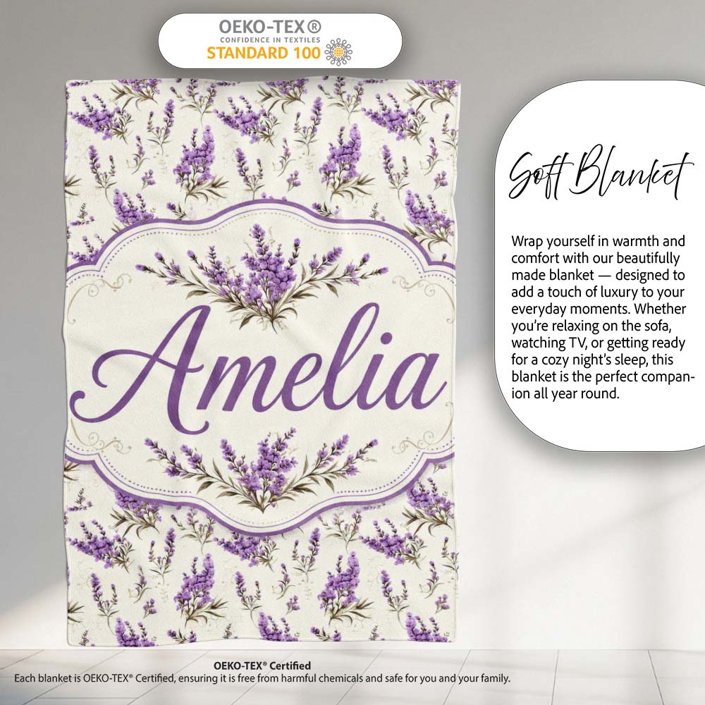 Purple Wildflowers on Cream Background Seamless Pattern Soft Personalised Custom Name Super Soft Fleece Blanket Bed Sofa Throw
