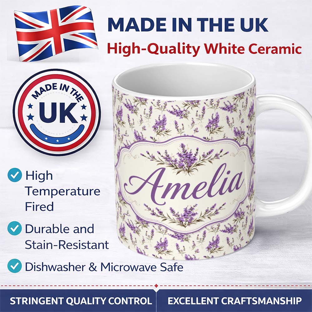 Personalized Custom Name Purple Wildflowers on Cream Background Seamless Pattern Soft 11oz Ceramic Coffee Tea Mug White Large Handle
