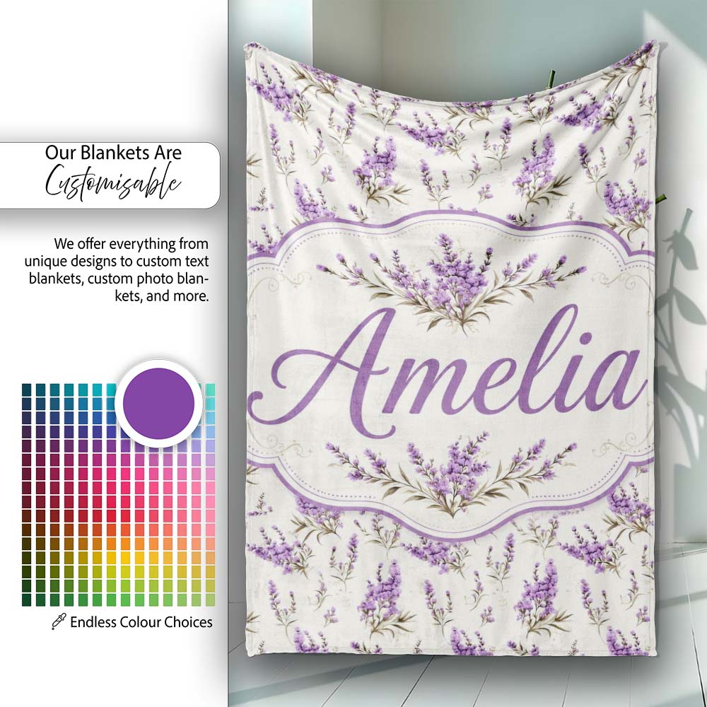 Purple Wildflowers on Cream Background Seamless Pattern Soft Personalised Custom Name Super Soft Fleece Blanket Bed Sofa Throw