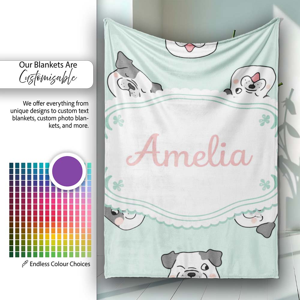 Cute French Bulldog Faces Teal Background Seamless Pattern Lovely Personalised Custom Name Super Soft Fleece Blanket Bed Sofa Throw