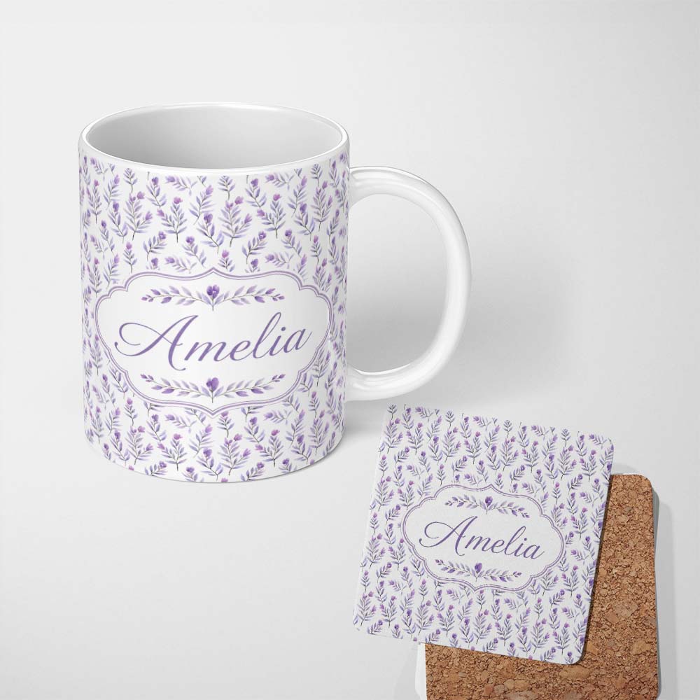 Personalized Custom Name Minimal Lavender Leaves on Light Background Seamless Pattern 11oz Ceramic Coffee Tea Mug White Large Handle
