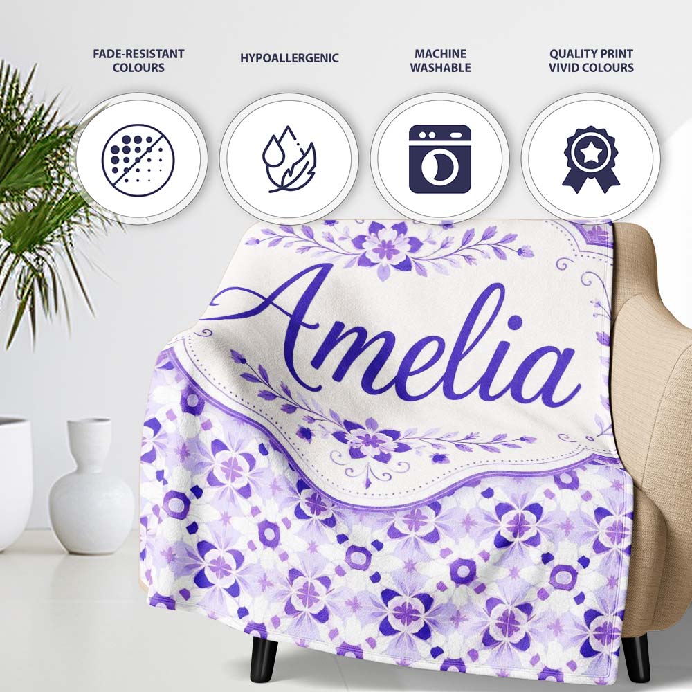 Purple Geometric Floral Motif Seamless Pattern Abstract Botanical Personalised Custom Name Super Soft Fleece Blanket Bed Sofa Throw