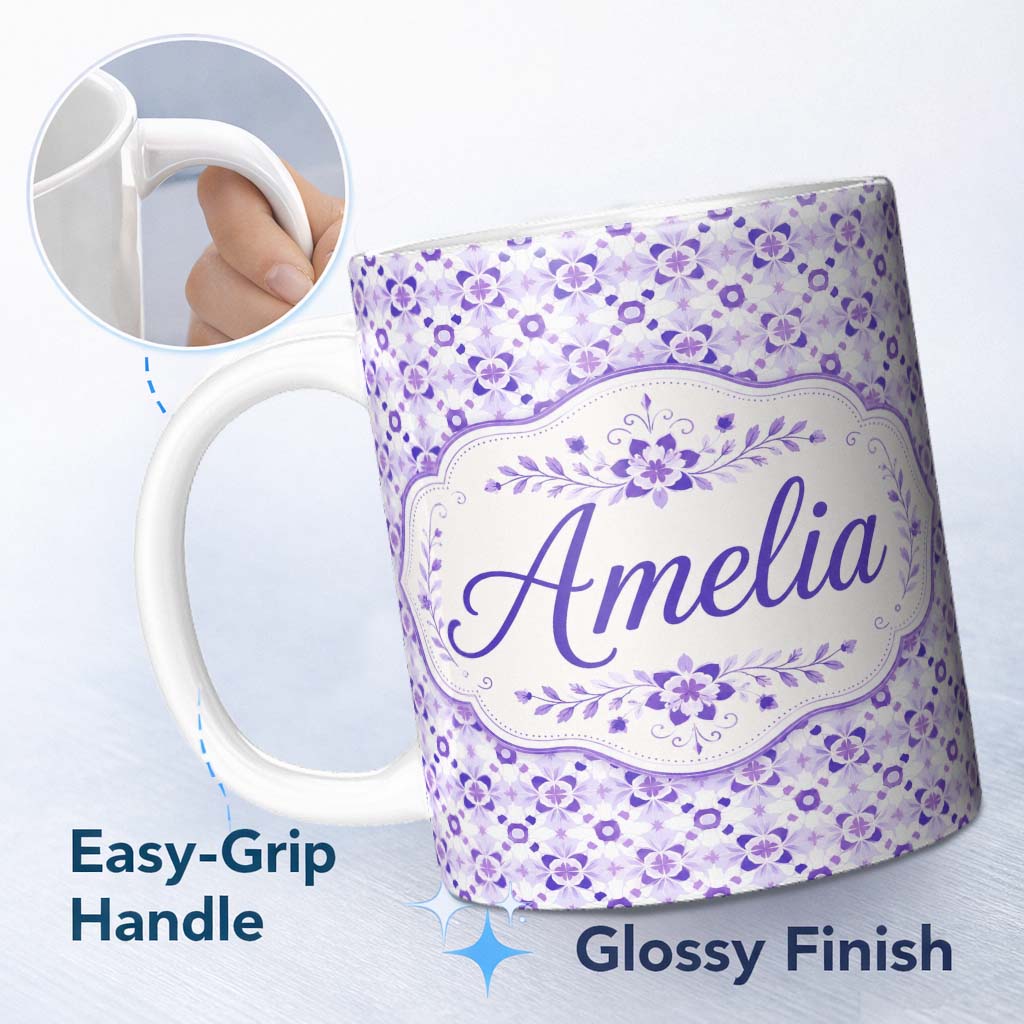 Personalized Custom Name Purple Geometric Floral Motif Seamless Pattern Abstract Botanical 11oz Ceramic Coffee Tea Mug White Large Handle
