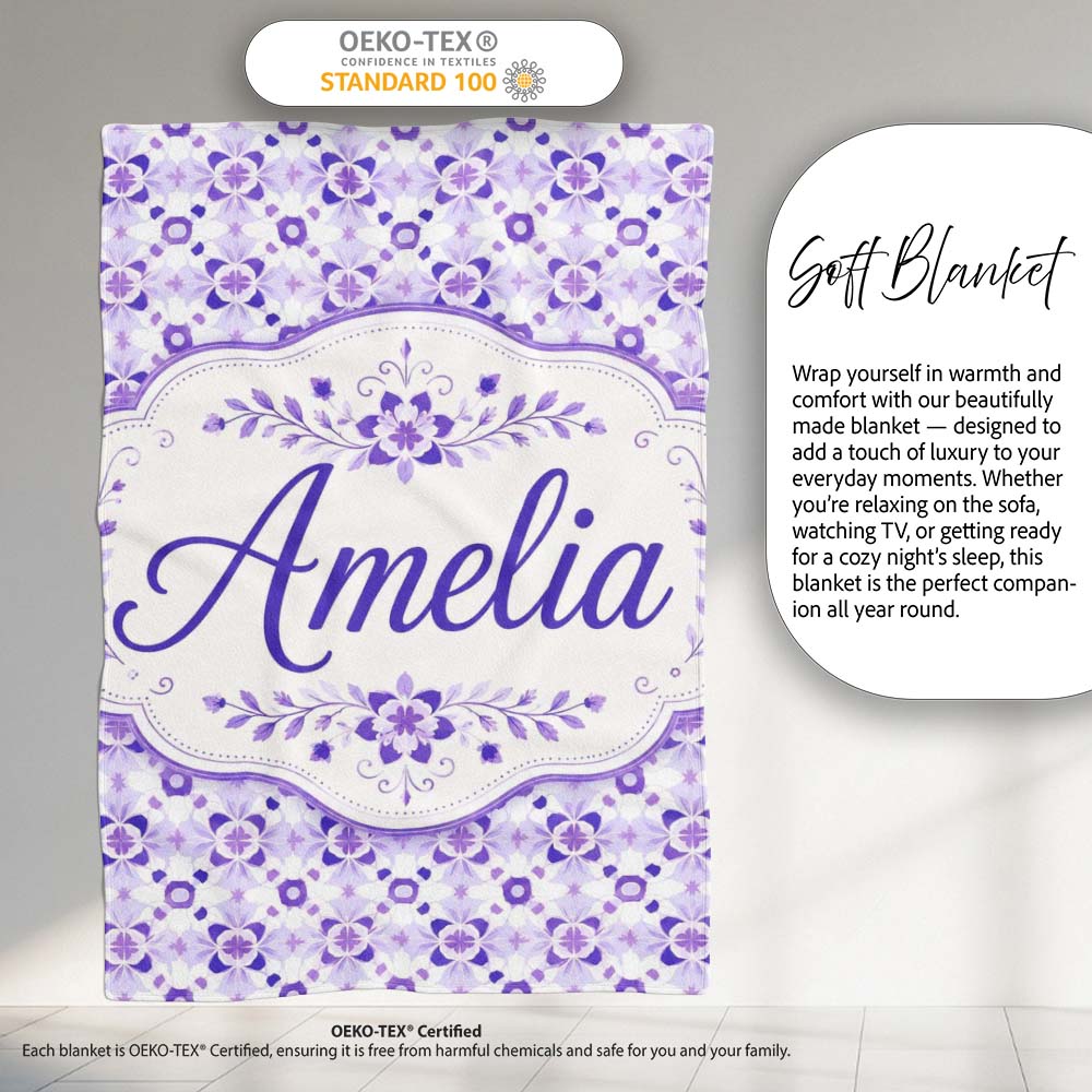 Purple Geometric Floral Motif Seamless Pattern Abstract Botanical Personalised Custom Name Super Soft Fleece Blanket Bed Sofa Throw
