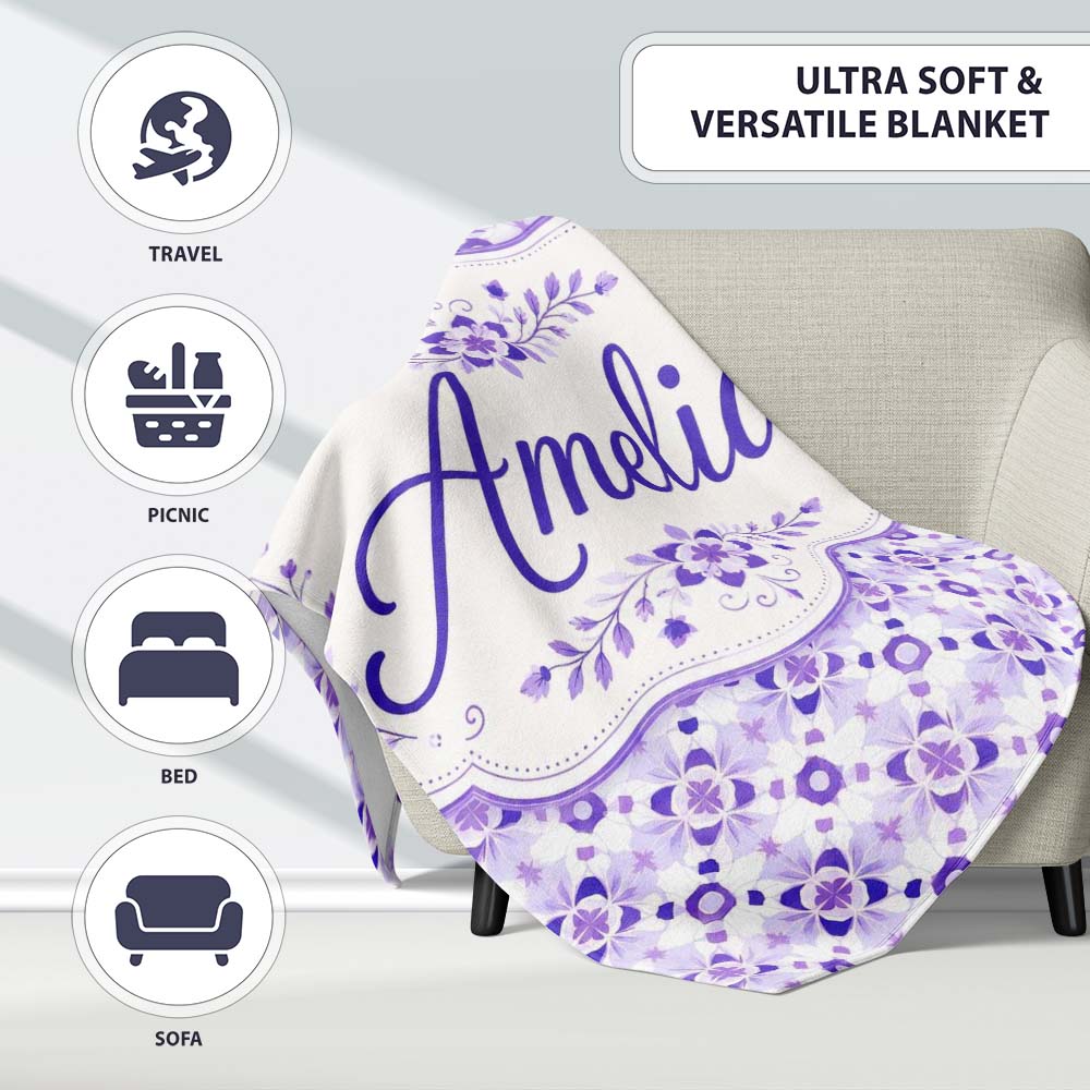 Purple Geometric Floral Motif Seamless Pattern Abstract Botanical Personalised Custom Name Super Soft Fleece Blanket Bed Sofa Throw